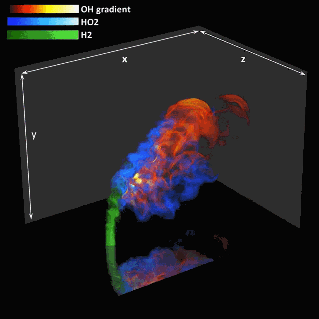 Direct Numerical Simulation of non-premixed turbulent flame stabilization in the wake of a transverse hydrogen fuel jet in cross flow of air. Grout et. al., J Fluid Mech 706, 351-383 (2012).
