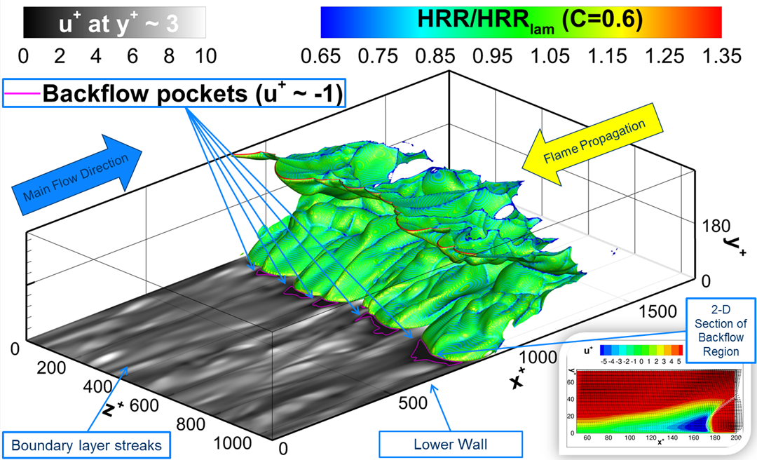 Direct Numerical Simulation of a fuel lean (ϕ=0.55) H2-air premixed turbulent flame freely propagating upstream (flashback) in a turbulent channel flow. Gruber et. al., J Fluid Mech 709, 516-542 (2012).