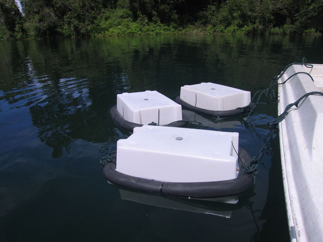 A floating chamber is placed on the water surface