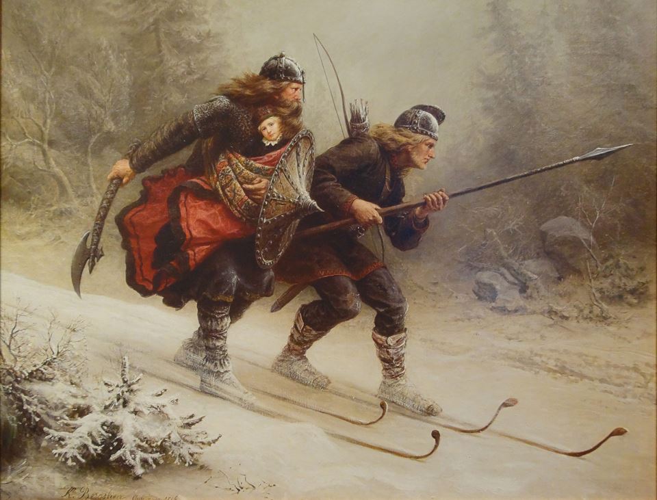 The Norwegian artist Knud Larsen Bergslien painted this picture of a dramatic event in Norwegian history from 1206, when skiers escaped from Lillehammer with two-year-old Håkon Håkonsson, whose life was threatened by a civil war. Håkonsson survived the 100-km trip across the mountains in the depths of winter and became king in 1217. The painting underscores the deep cultural roots that skiing has in Norway.