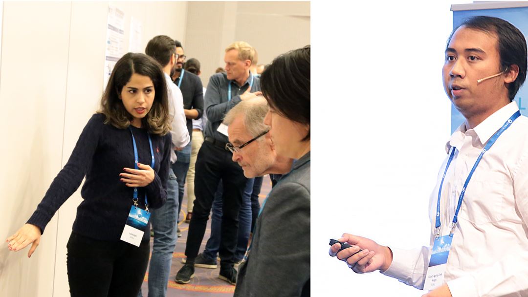 Left: PhD candidate Leila Eyni presents her poster titled "Energy Efficient Production" at the LowEmission Consortium days. Right: PhD candidate I Gusti Agung Gede Angga presents his work on the reduction of emissions from hydrocarbon production through alternative and energy-efficient drainage strategies, at the LowEmission Consortium days.