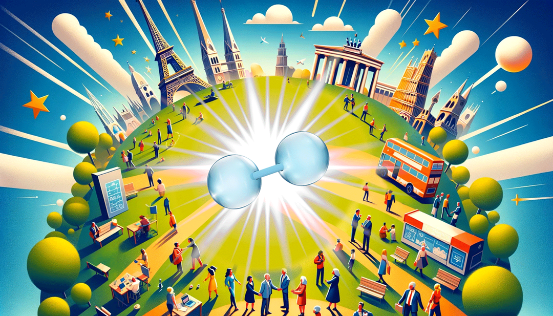 Illustration contains elements that have been generated by AI. It shows a globe with hydrogen symbol in the middle and buildings and people around. 