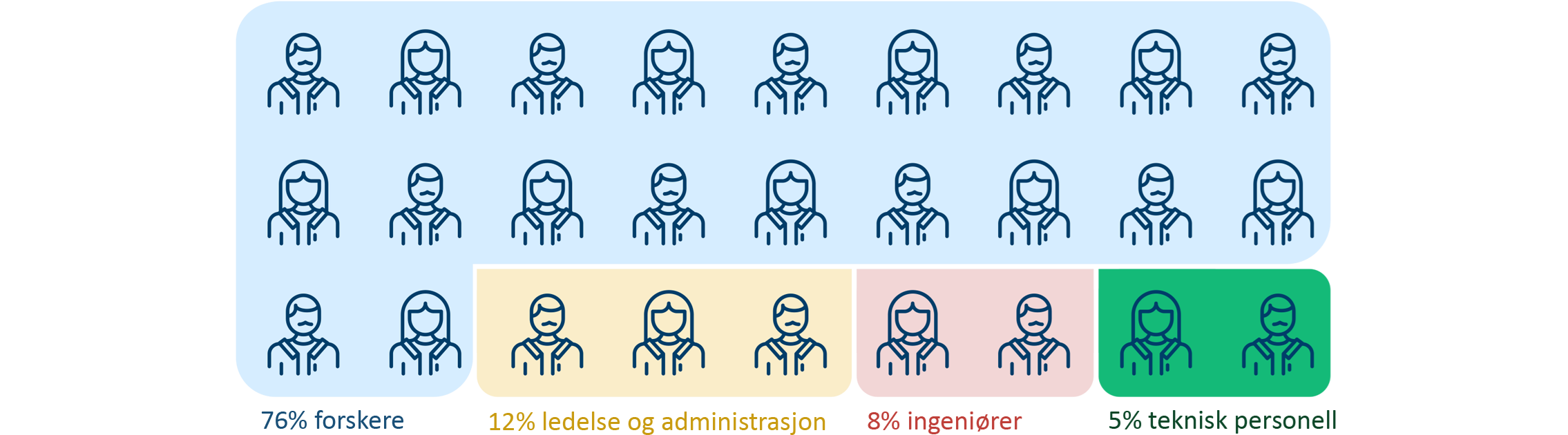 Figur 76% forskere 12% ledelse og administrasjon 8% ingeniører 5% teknisk personell