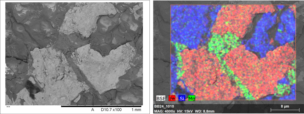 Disse to bildene ble tatt med et elektronmikroskop og viser nøyaktig samme område. Den til høyre er fargekodet for å vise de forskjellige kjemiske elementene som er til stede i steinen. Dette er silisium (i blått), jern (i rødt) og magnesium (i grønt). Silisiumet foreligger i form av kvarts, jernet i pyritt, og magnesiumet i kloritt.