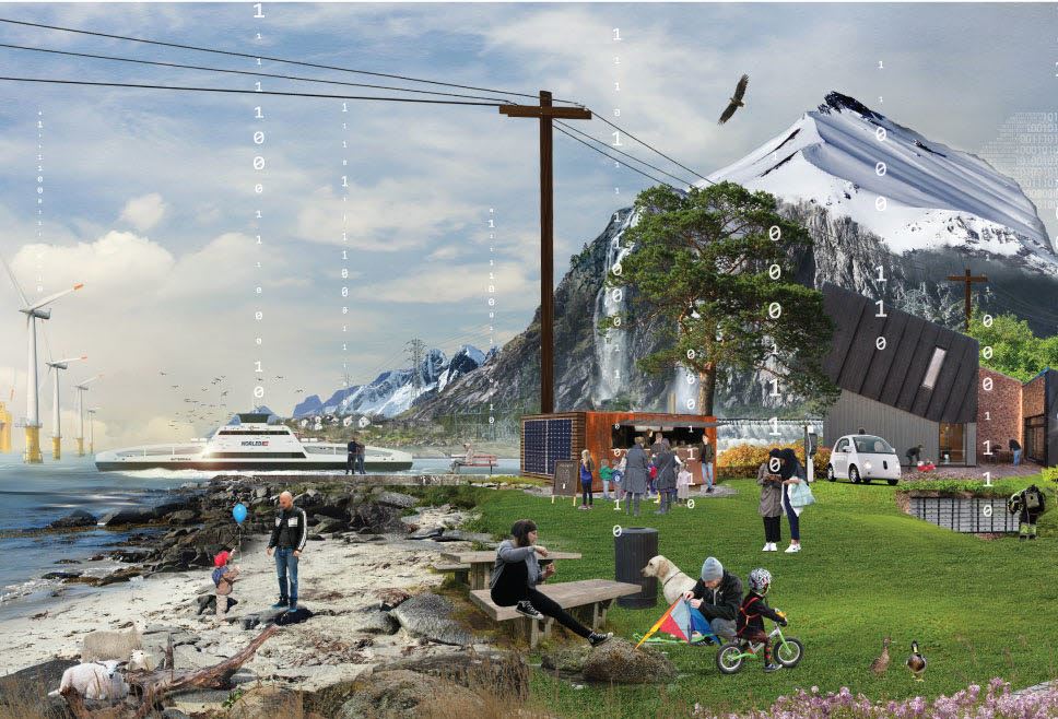 Illustrasjon av et samfunn, med kraftnett, hav, fjell og mennesker. Fine - Fleksibel integrasjon av lokale energisamfunn i det norske elektriske distribusjonsnettsystemet