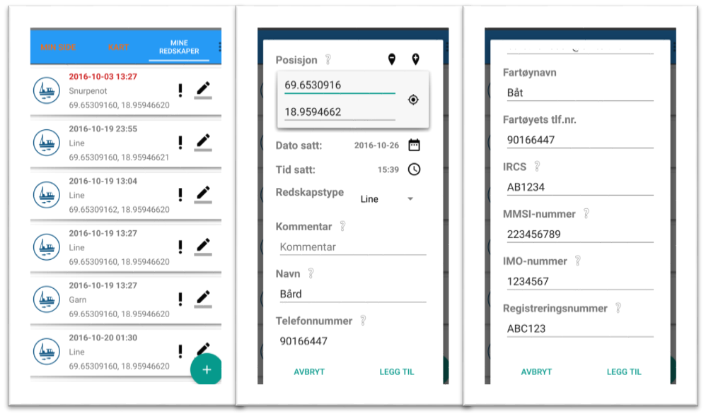 Skjermskudd av app som viser ny funksjonalitet for rapportering av redskap i app