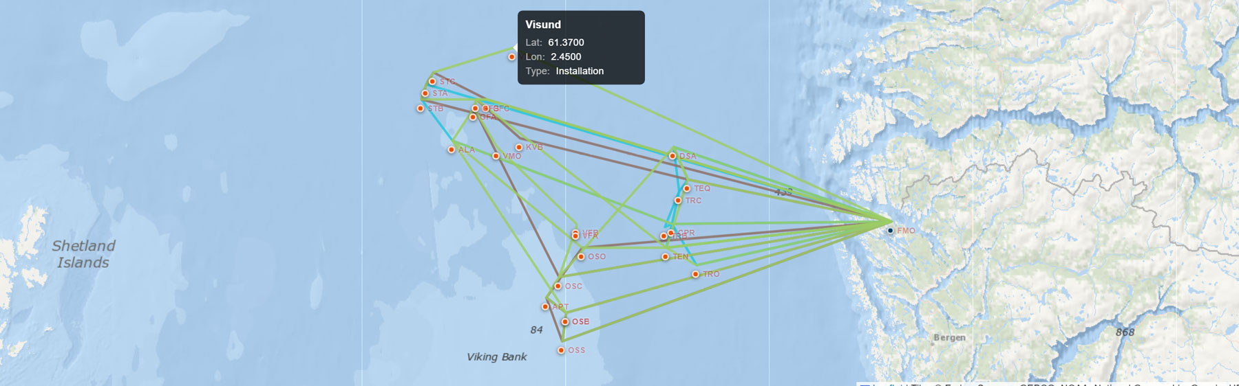 Map with distances to offshore installations marked.