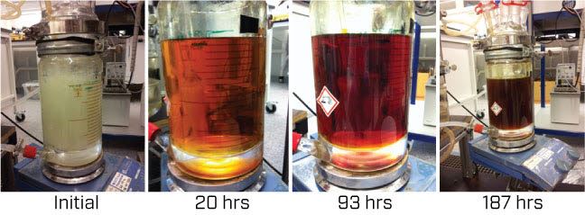 Example on solvents colour change for an oxidative degradation experiment.
