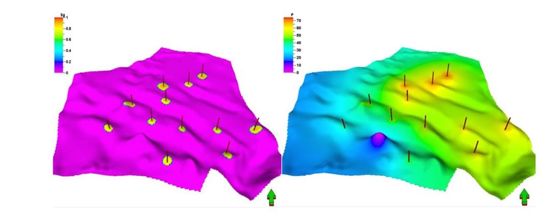 CO2 saturation (left) and pressure change (right) following injection of CO2 at 12 injection wells. Injection is limited by fracture pressure at well location.