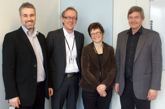 The board of Catenda AS (From the left: Founder of Catenda AS, Håvard Bell, Research Director at SINTEF Building and Infrastructure Kim Robert Lisø, Chairman of the board Elisabeth Ege from MRB and Founder and CEO of Catenda AS Ole Jørgen Karud).  
