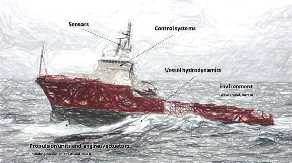 Drawing of red boat in rough winter seas.
