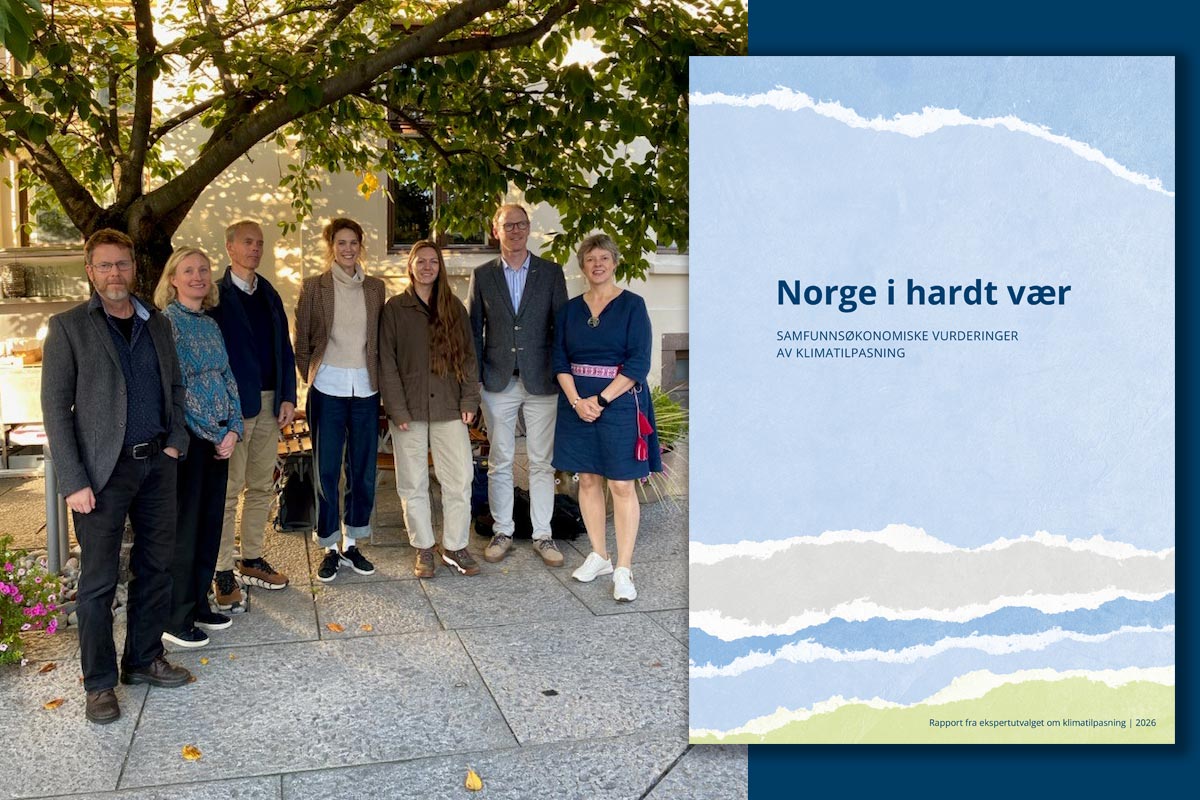 Gruppebilde av utvalget, med rapportens forside til høyre.