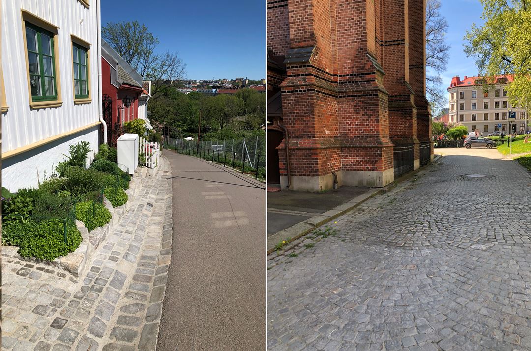 Ombrukt gatestein er brukt i vannrenna og ved inngangen til husene i Telthusbakken og utenfor Paulus kirke i Oslo.