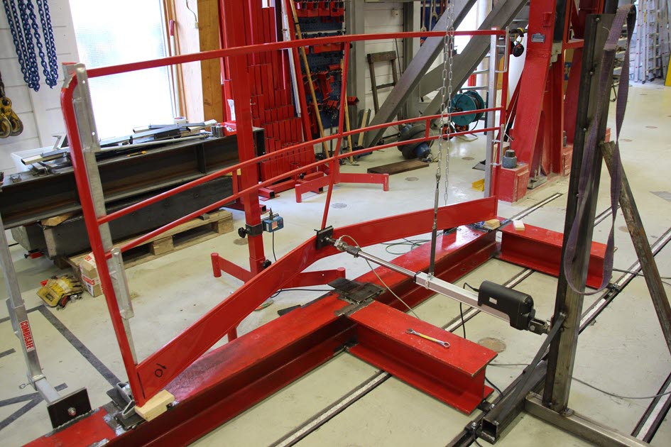 Bildet viser prøving av kapasitet for horisontal last på et rekkverk for midlertidig kantsikring. Foto: SINTEF