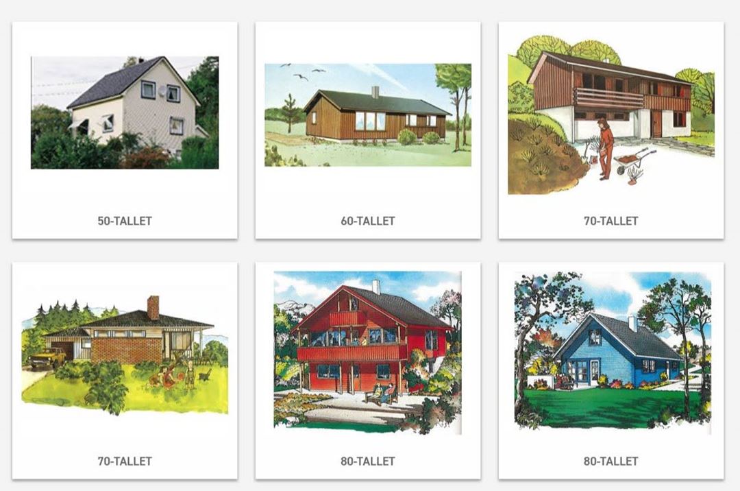 tegninger som viser typiske småhus i Norge fra 1950 til 1980-tallet
