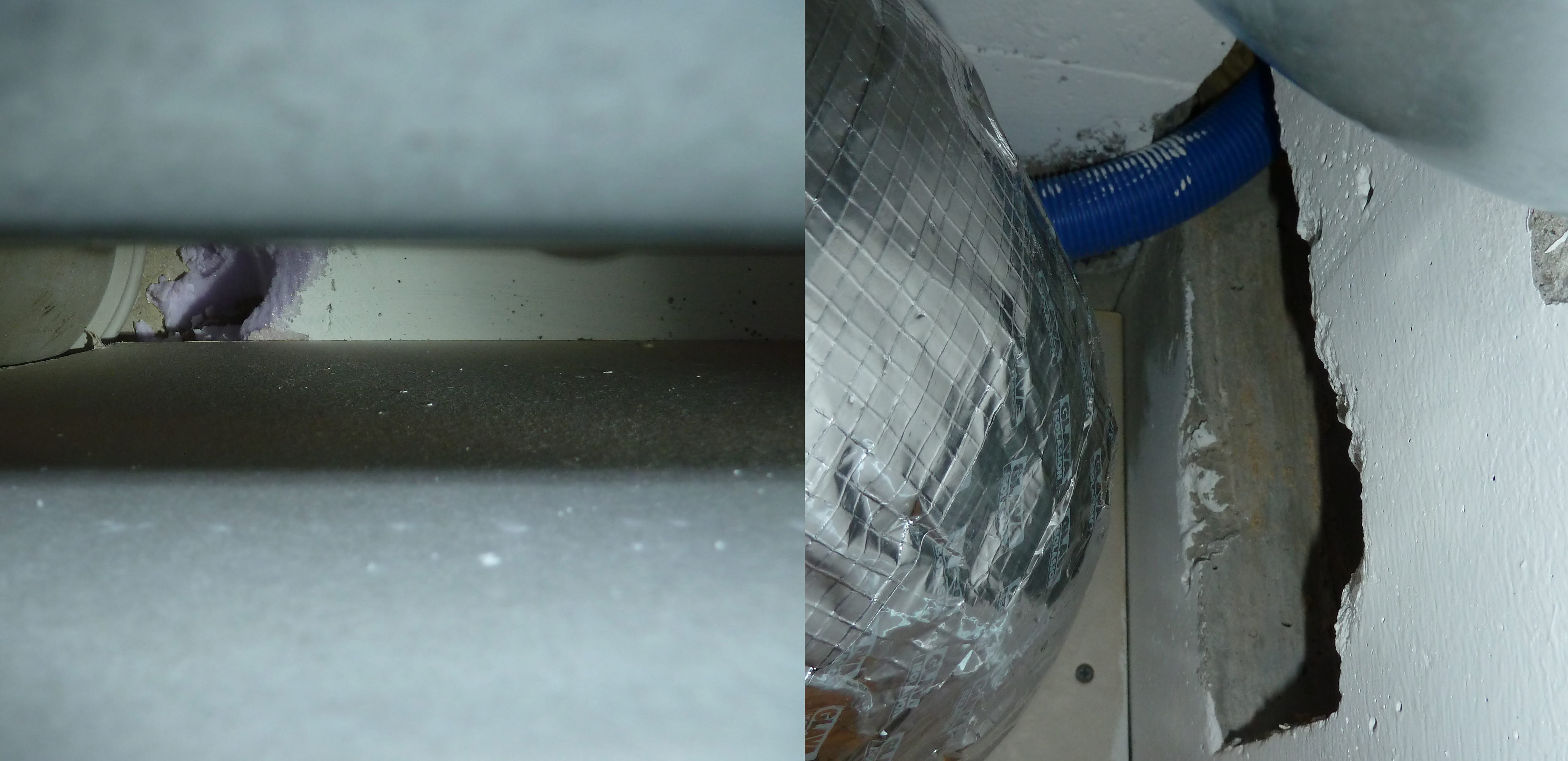 Bildet viser utilstrekkelig branntetting av gjennomføringer og manglende branntetting av utsparing i brannskille mellom leiligheter