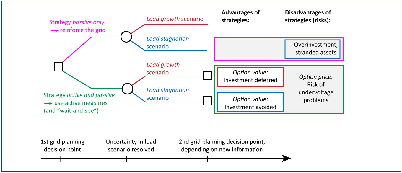 Methodology for evaluating grid development strategies considering real option value and risk