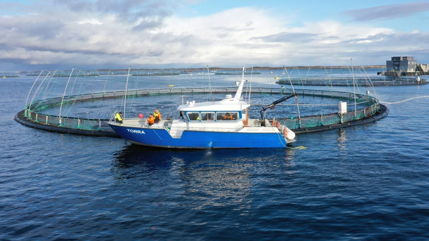 Båt ved oppdrettsmerd på Frøya. 