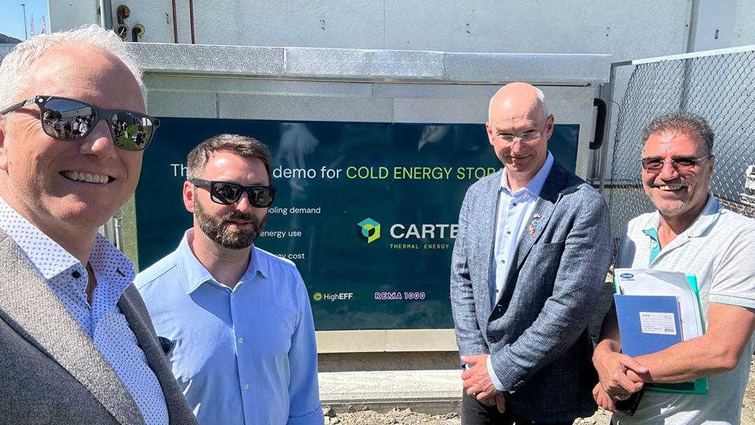 Group picture showing Petter Røkke, SINTEF Research Director and FME HighEFF leader; Alexis Sevault, Cartesian Chief Technology Officer; Armin Hafner, professor at the Department of Energy and Process Engineering, NTNU; Behrouz Shahriari, Carrier Refrigeration Norway AS Project Leader.