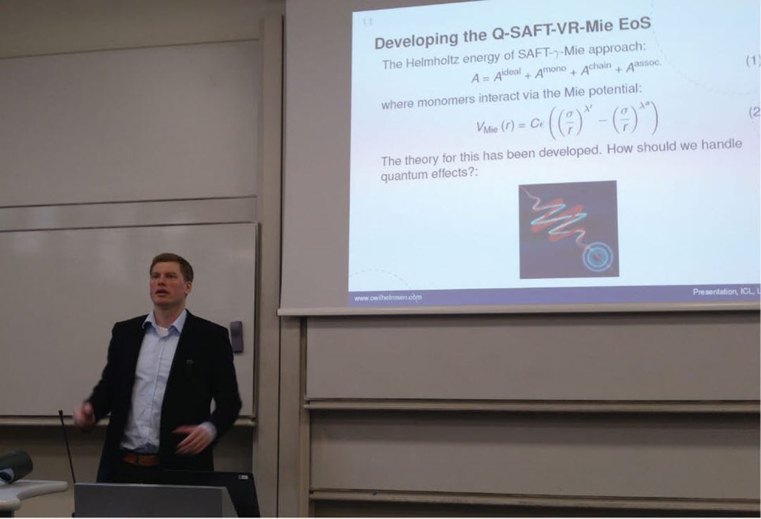 Øyvind Wilhelmsen speaking this week at a seminar held at the Chemical Process Technology Institute at Imperial College, London. His subject addressed the technical challenges linked to the liquefaction of hydrogen and the need for more accurate thermodynamic descriptions of the cooling media required for this process. Photo: Private source. 