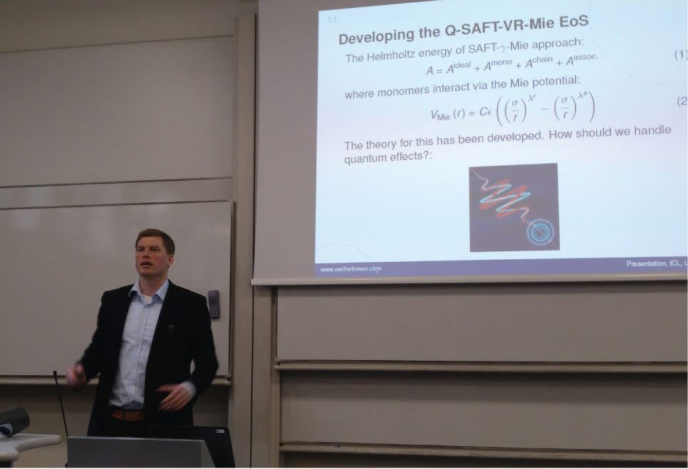 Øyvind Wilhelmsen speaking this week at a seminar held at the Chemical Process Technology Institute at Imperial College, London. His subject addressed the technical challenges linked to the liquefaction of hydrogen and the need for more accurate thermodynamic descriptions of the cooling media required for this process. Photo: Private source.
