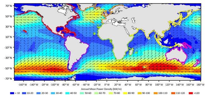 Figure 1: Global wave energy potential, expressed as kW per unit length of wave crest.