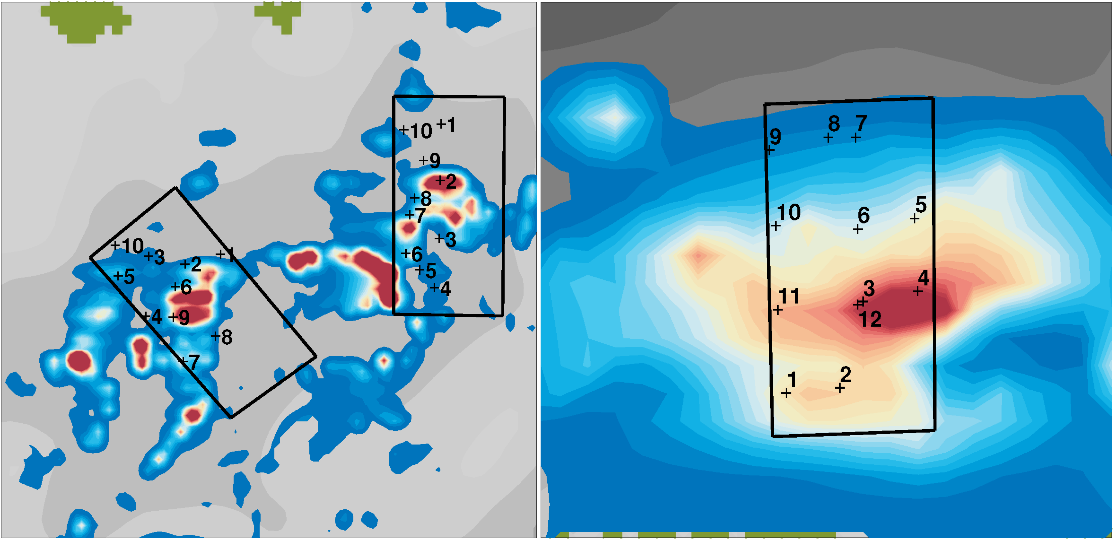 Bildet viser stor spredning og mindre spredning av sedimenter ifm et oppdrettsanlegg 