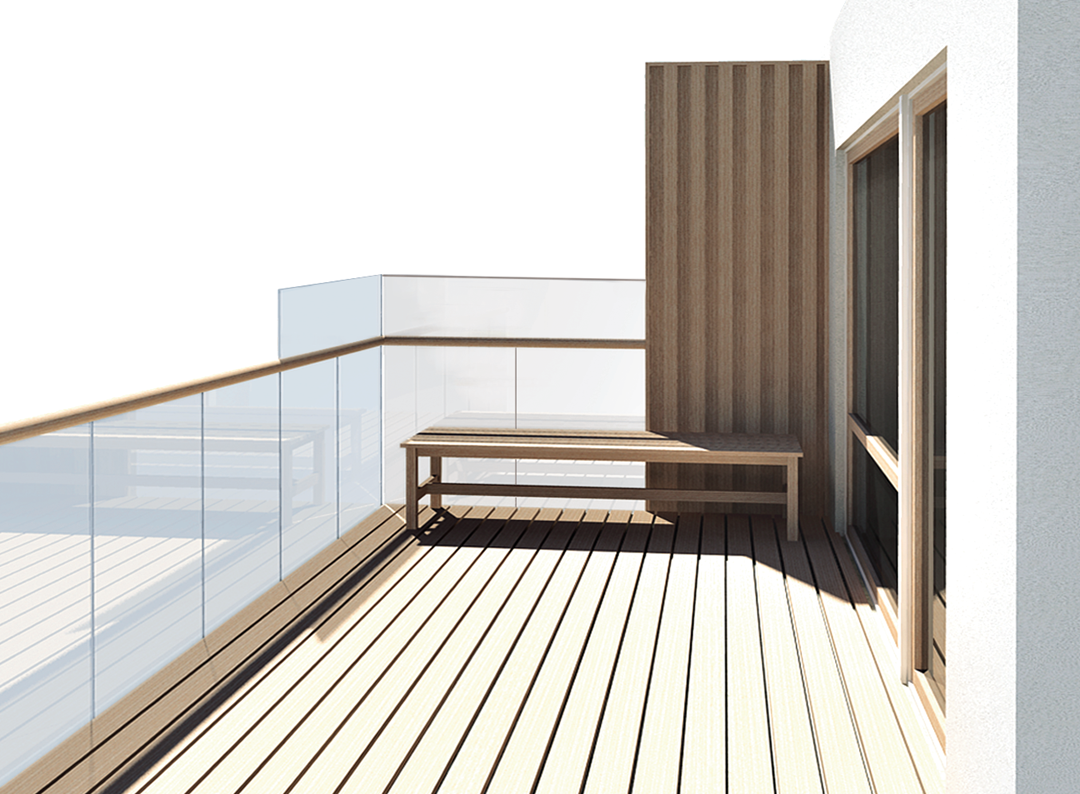 Balkonger, terrasser og liknende med høydeforskjell større eller lik 0,5 m til terreng eller underliggende plan, skal sikres med rekkverk. Illustrasjonen viser eksempel på skjerming mot støy og innsyn. Ill.: SINTEF Byggforsk
