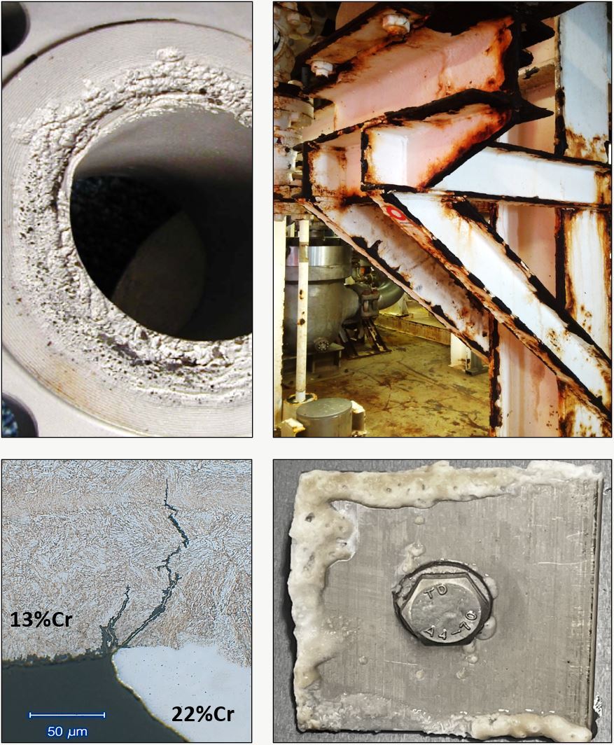 Fire bilder av korrosjon og sprekkdannelse