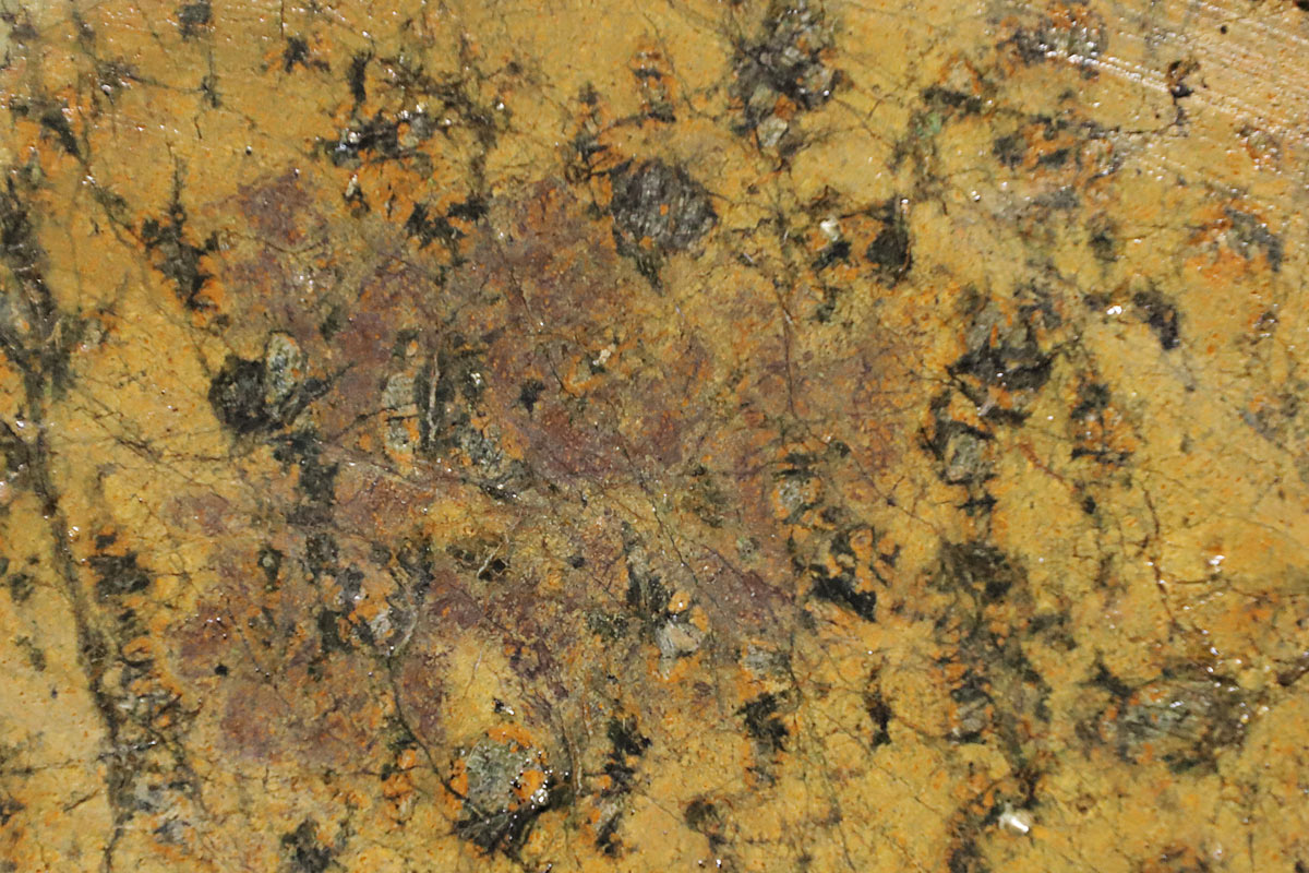 Dette er et bilde av innsiden av en steinprøve som ble saget på dekk. Den kommer ikke fra søylene vi snakket om tidligere, men fra skråningen av Lucky Ridge. Dette er en mantelbergart – det vil si at den kommer fra jordens indre. På bildet ser vi forvitret olivin (i gult) og omdannet pyroksen (i svart).