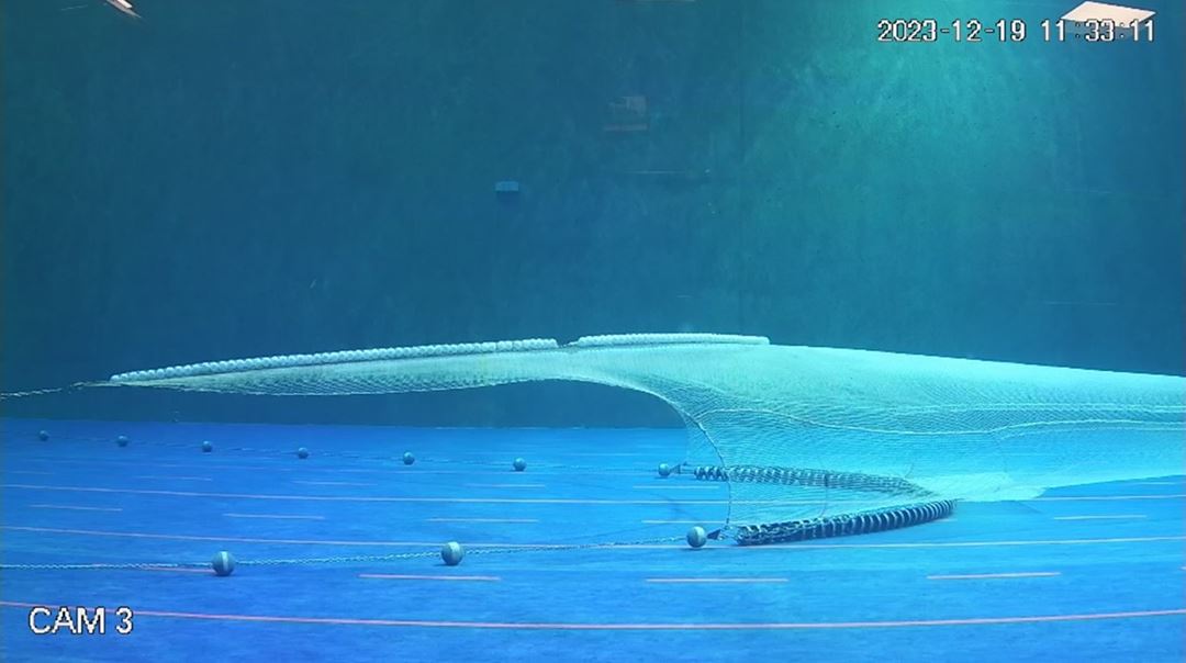 Trawl being tested in a flume tank
