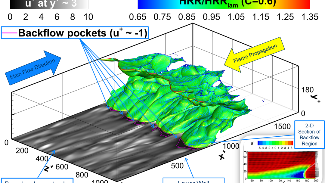 Direct Numerical Simulation of a fuel lean (ϕ=0.55) H2-air premixed turbulent flame freely propagating upstream (flashback) in a turbulent channel flow. Gruber et. al., J Fluid Mech 709, 516-542 (2012).