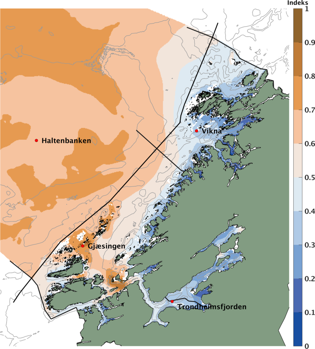 Bildet viser et simuleringskart over trøndelagskysten og hvor det er best å dyrke tare.