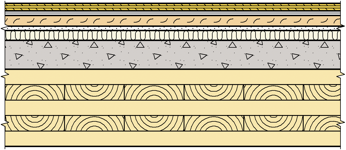Tegning av massivtredekke med påstøp og vibrasjonsisolert overgulv