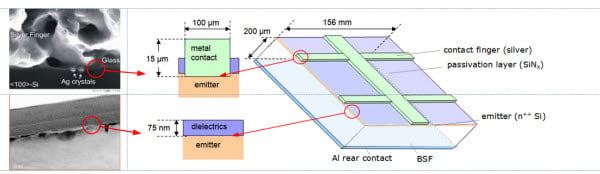 Solar cell with the contact and passivation interfaces marked