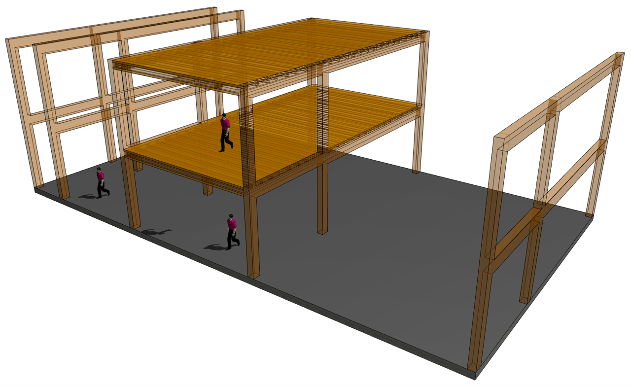 Tegning av trekonstruksjon i flere etasjer