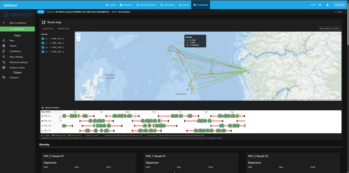 Screenshot from the workbench showing map and distances to offshore installations.