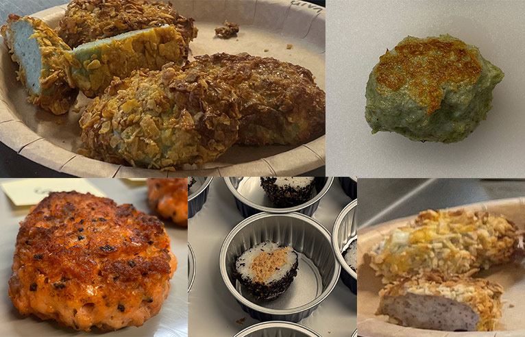 Fiskekaker og risbolle med makroalger