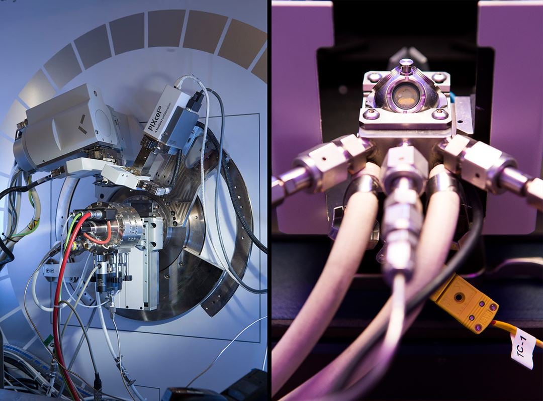 Pulver in situ XRD celle (ventre) og Diffuse Reflectance Infrared Fourier Transform Spectroscopy (DRIFTS) celle (høyre). 
