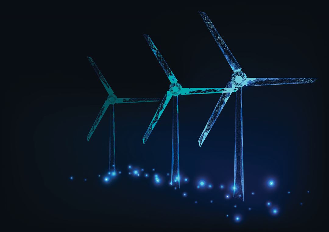 Computer-generated image showing an abstract rendition of three wind turbines.
