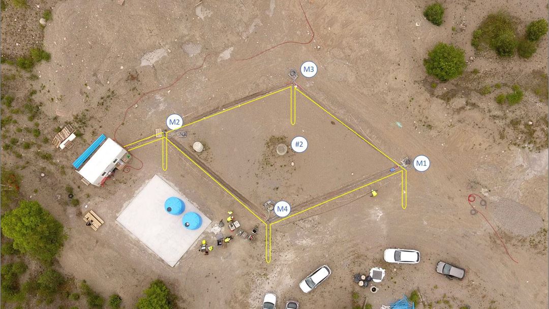 Aerial view of the Svelvik CO2 Field Lab with injection (#2) and monitoring wells (M1-M4) marked. The loops with fibre optic cables (several different commercial and research types) are shown yellow with tongues indicating how the cables also go down into the wells.