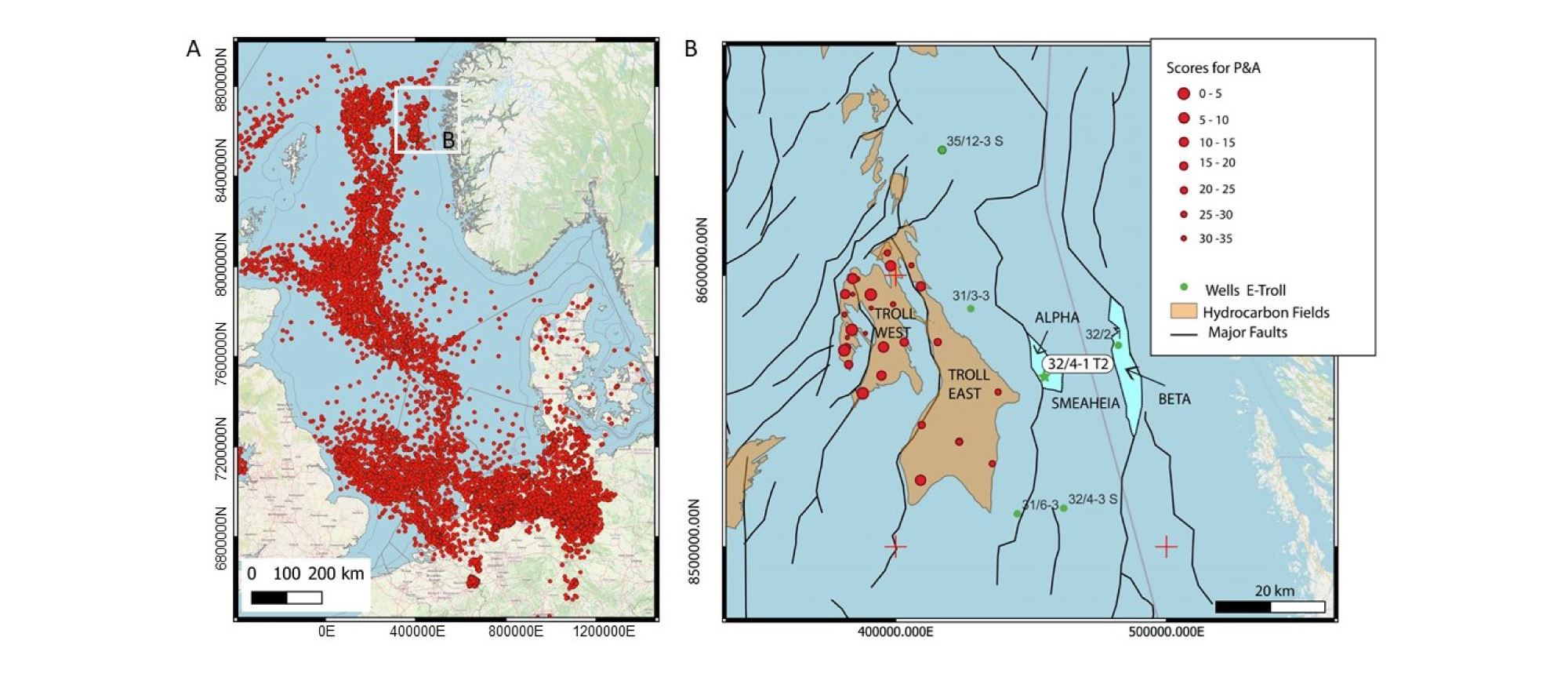 Figure 2: (A) Map of the North Sea, with well locations and a white square indicating the studied area. (B) Map of the Troll area offshore SW Norway, with well integrity screening results for 93 P&A wells indicated by red dots (Emmel and Dupuy, 2021). Major faults are shown and the location of well 32/4-1 T2 within the Smeaheia alpha structure is highlighted and marked with a green star. From (Romdhane et al., 2022).