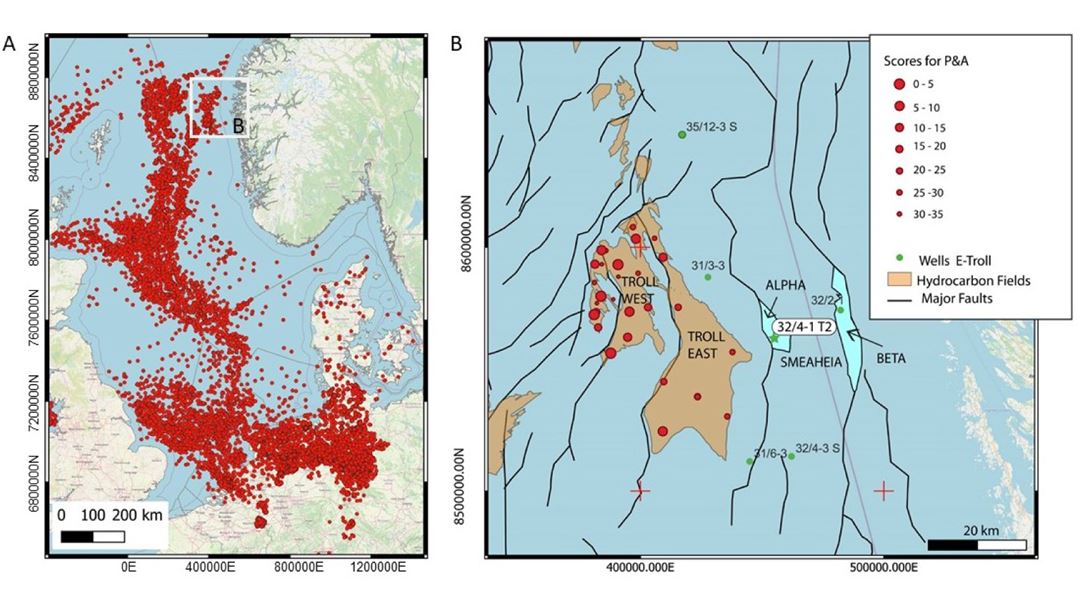 Figure 2: (A) Map of the North Sea, with well locations and a white square indicating the studied area. (B) Map of the Troll area offshore SW Norway, with well integrity screening results for 93 P&A wells indicated by red dots (Emmel and Dupuy, 2021). Major faults are shown and the location of well 32/4-1 T2 within the Smeaheia alpha structure is highlighted and marked with a green star. From (Romdhane et al., 2022).