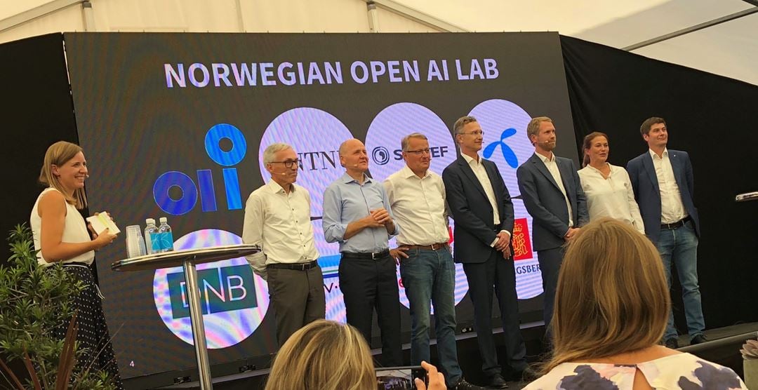Representatives from alle the partners onstage during the launch of Norwegian Open AI Lab.