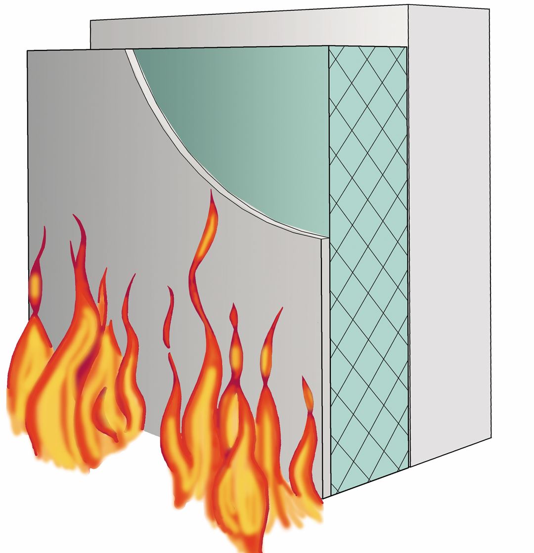 tegning som viser vegg med plastisolasjon og flammer utenfor veggen