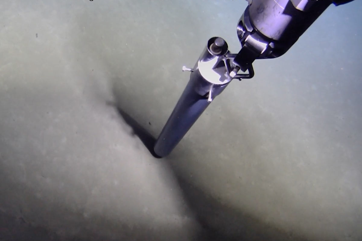 Dette bildet viser ROV-ens robotarm som tar en "push core". Dette er et plastrør man presser ned i sediment laget for å få ta med seg en kjerne til senere analyse. Ryan Portner (SJSU) er spent på å analysere disse kjernene for å se etter spor for vulkansk aktivitet. Foto: ROV-teamet