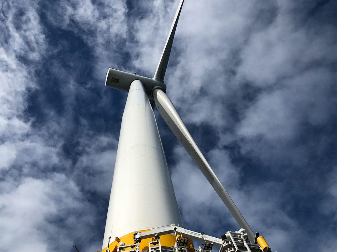 Floating wind turbine seen from below.