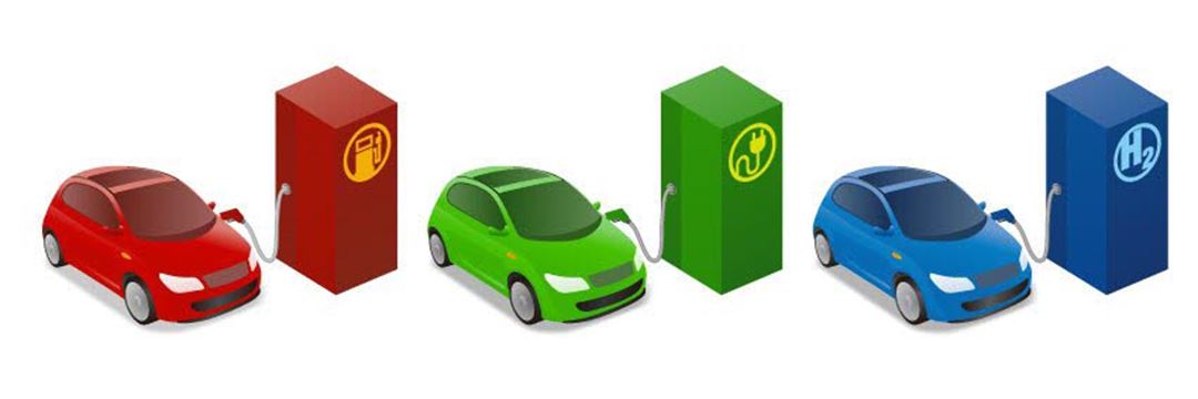 Illustrasjon som viser el-biler, hydrogenbiler og biler med fossilt drivstoff
