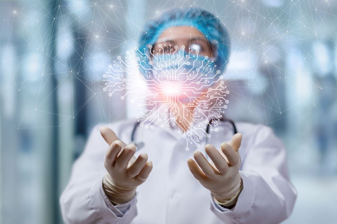 Health worker holding an artificial brain