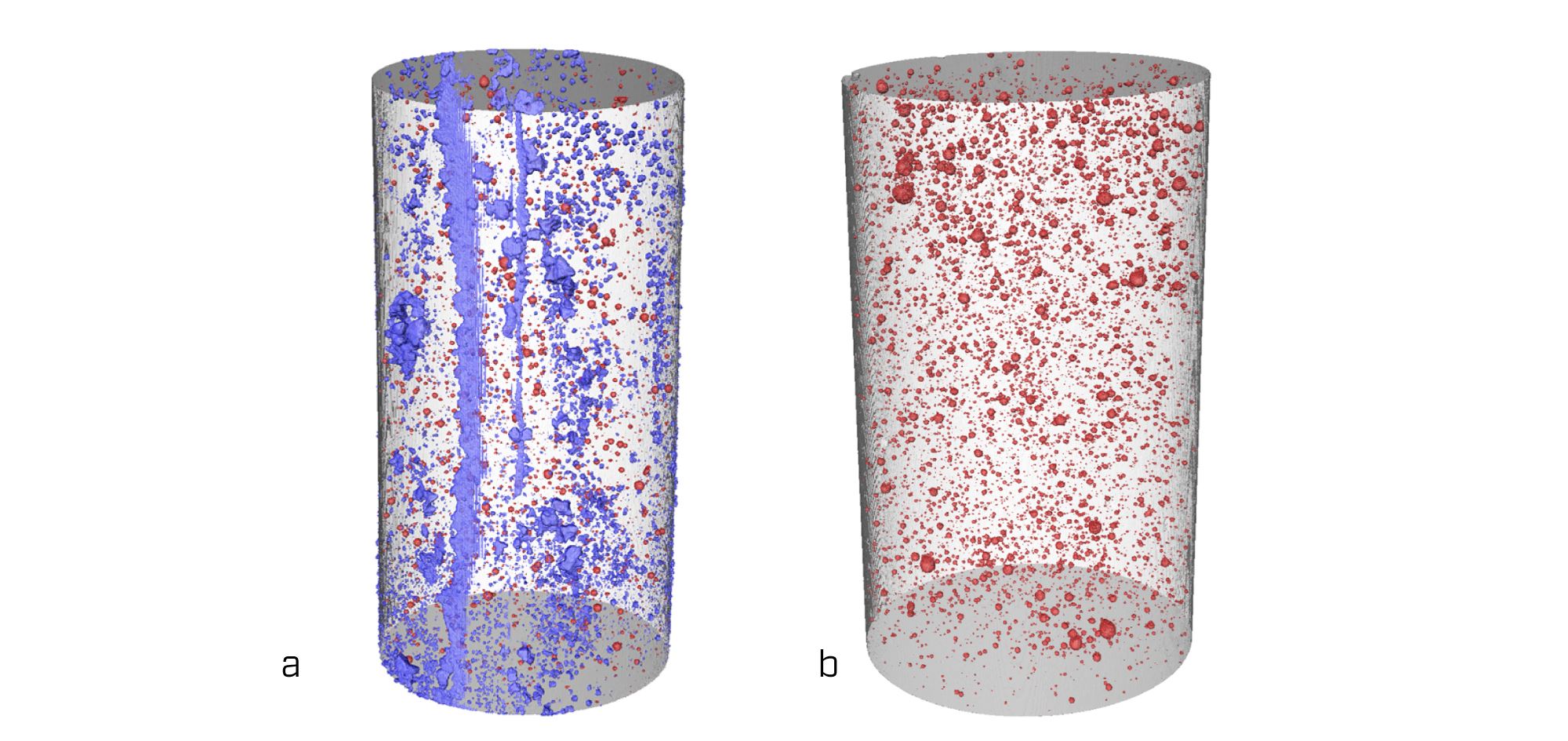 Figure 1: A tomography reconstruction of macro-porosity and crystal precipitation on the surface of micro-silica containing cement plugs exposed to CO₂-brine mixture: (a) After exposure for four weeks; (b) Reference (unexposed) sample. Red – voids, blue – precipitated particles on thesurface.